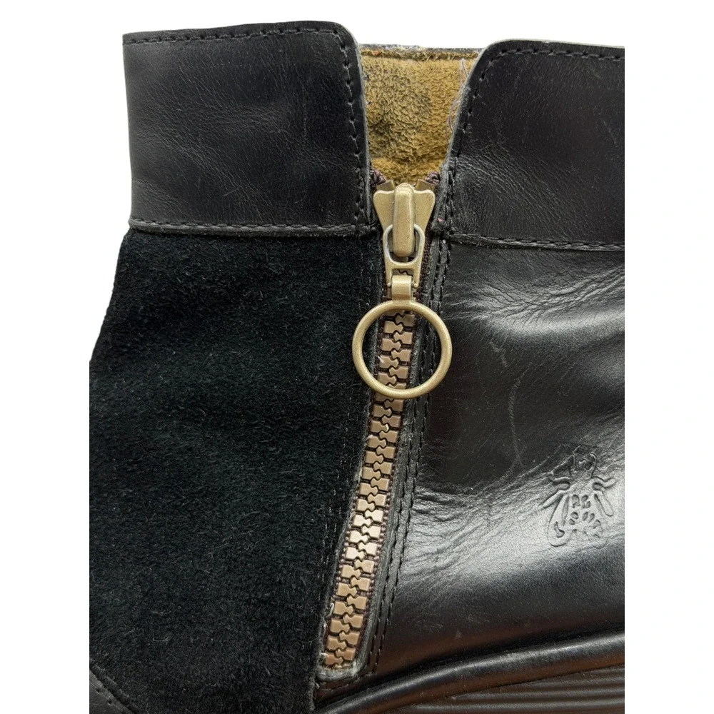 Fly London Wedge Ankle Checker Boot Women SZ 36 5.5 Black Leather Suede Comfort